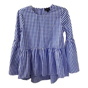 Who What Wear Blue White Gingham Blouse Peplum Hem Bell Sleeve Women's XS